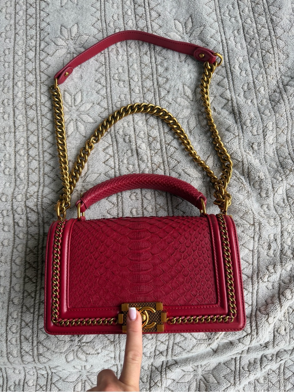 Chanel Boy Style Red Python-Embossed Replica Shoulder Bag with Gold Chain